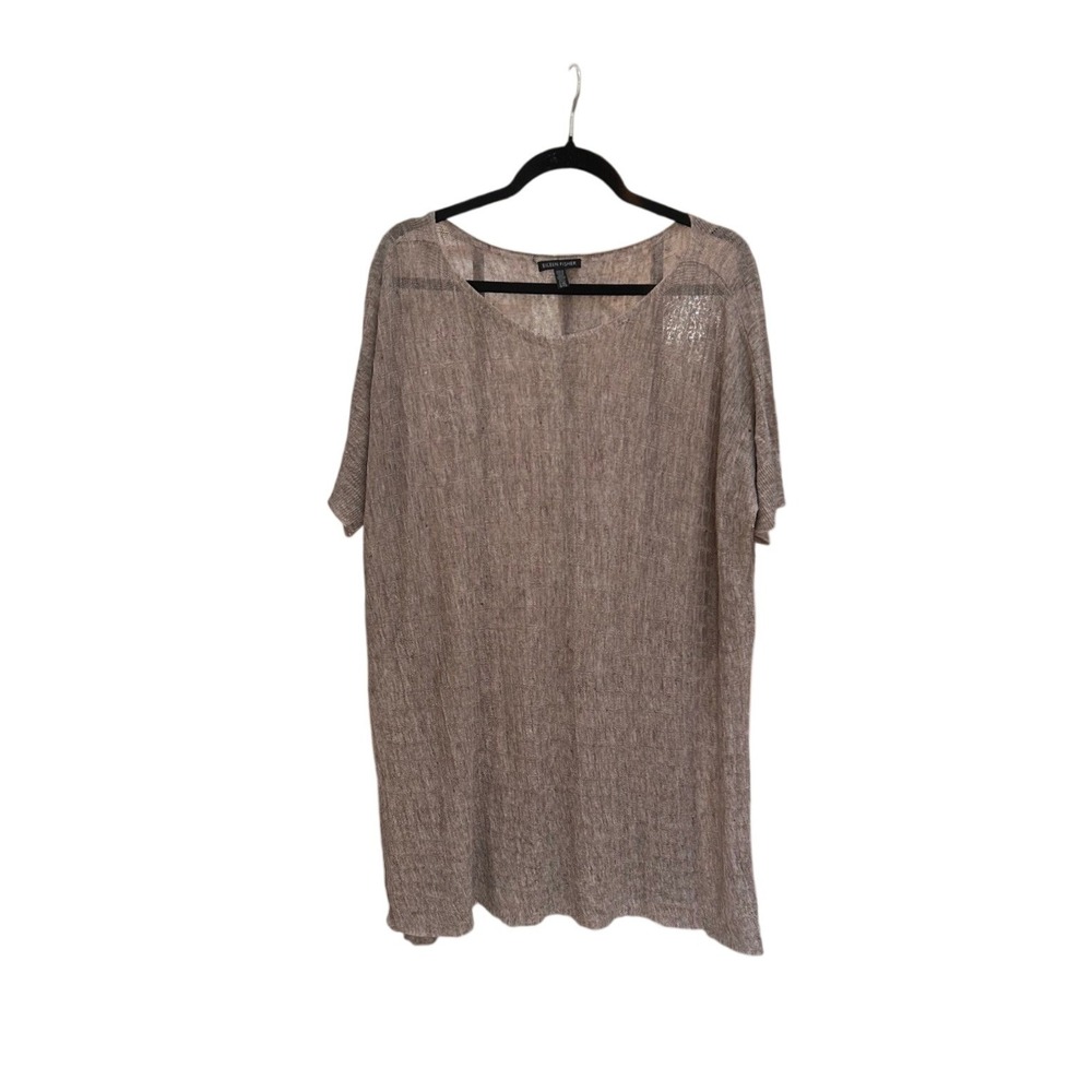 Eileen Fisher Italian Yarn Knit Tunic Sweater L/XL Taupe Sheer Short Sleeve Boxy